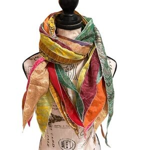 Patchwork Silk Scarf Boho Multicolor Long Fringe Artisan Festival Wrap 10x 76